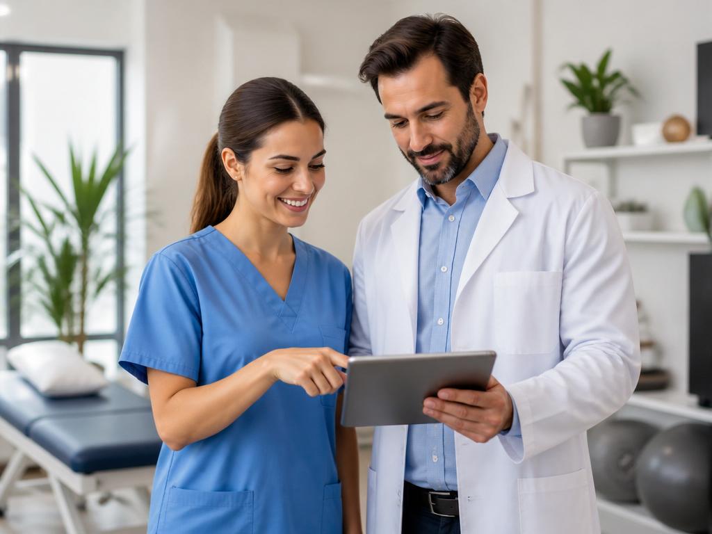 Equipe médica e fisioterapêutica revisando prontuário em tablet em clínica moderna